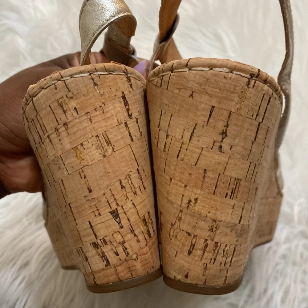 Born Venetia Panna cotta metallic leather cork platform slingback wedges - Picture 4 of 6